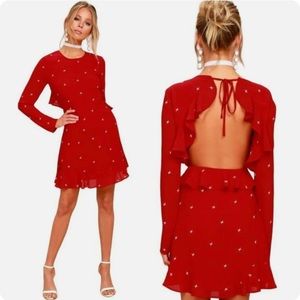 Cosmic Lulus Red Ruffle Embroidered Star Mini Dress